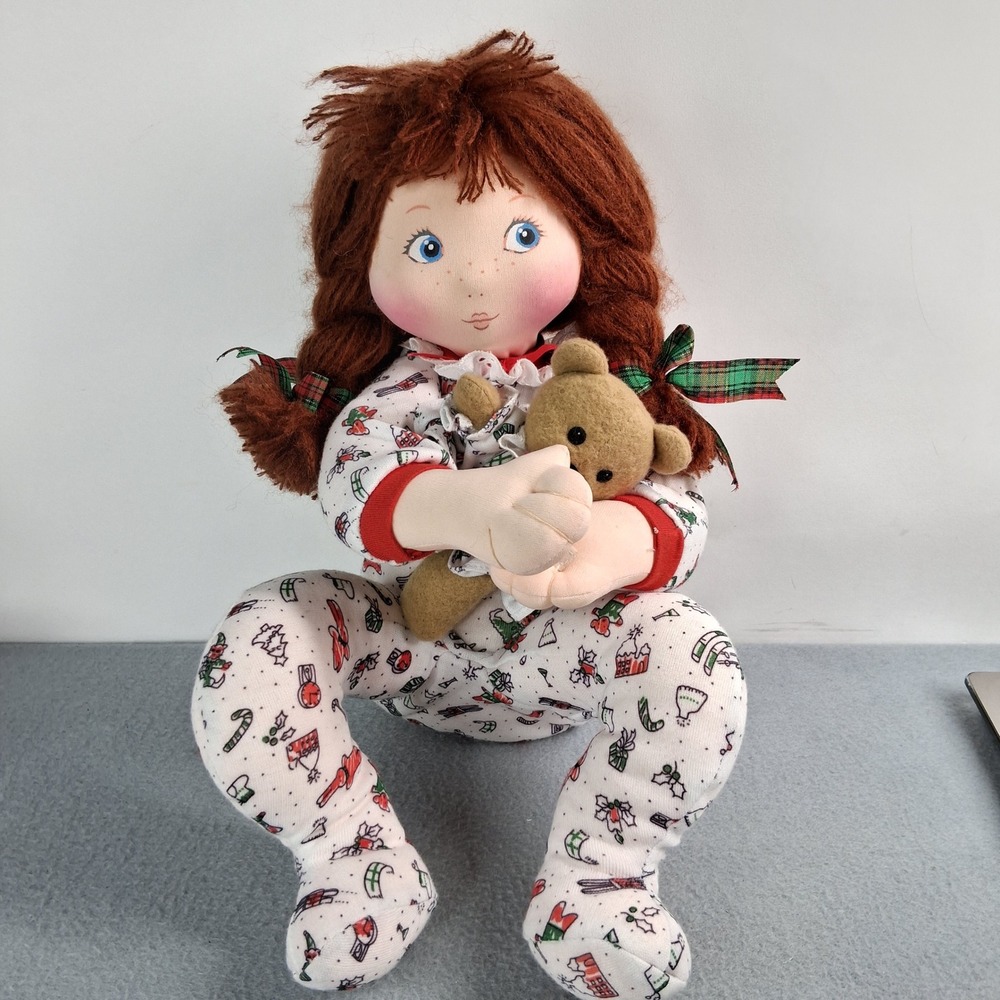 Applause Christine & Her Teddy Plush Rag Doll Christmas Girl 12in Holiday Toy